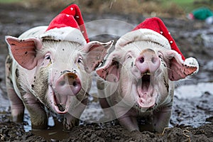 Two pigs wearing santa hats in the mud