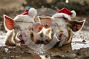 Two pigs wearing santa hats in the mud