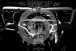 Two Pilots in Cockpit at Night