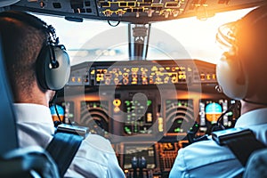 Two pilots flying cockpit aircraft controls travel airlines plane airplane transportation flight crew professionals