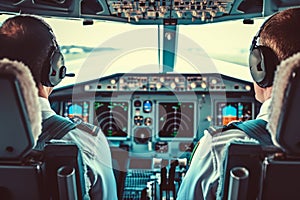 Two pilots flying cockpit aircraft controls travel airlines plane airplane transportation flight crew professionals