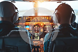 Two pilots flying cockpit aircraft controls travel airlines plane airplane transportation flight crew professionals