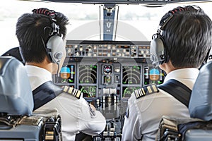 Two pilots flying cockpit aircraft controls travel airlines plane airplane transportation flight crew professionals