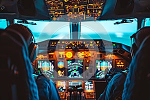 Two pilots flying cockpit aircraft controls travel airlines plane airplane transportation flight crew professionals