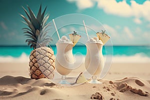 Two Pina Colada cocktails on a sunny summer beach with turquoise ocean water. Generative AI