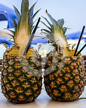Two pinacolada coctails in fresh pineapple fruit on the bar table.