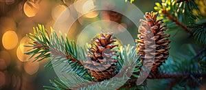 Two Pine Cones on Pine Tree Branch