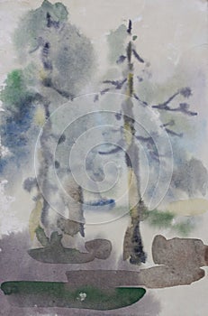 Two pine tree primitive watercolor art in diffuse wet style