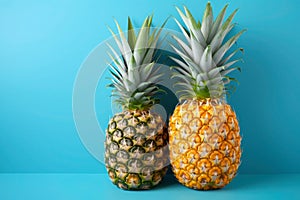 Two pineapples on a blue background. Beautiful ripe pineapple cut. Tropical fruits on a blue background. Pineapple close