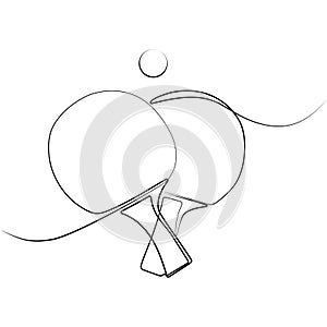 Two ping pong rackets and a ball.One line drawing.Ping-pong sport game.Vector