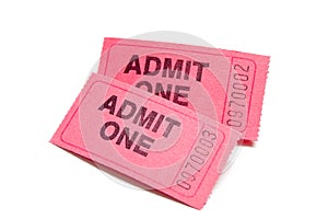 Two pink admission tickets on white