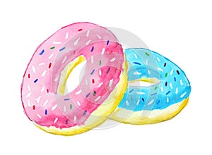 Two pink and blue donuts on white background