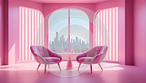 two pink chairs in front of a window with a city view