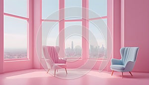 two pink chairs in front of a window with a city view