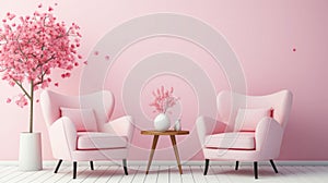 Two pink chairs and a potted pink tree against a pink wall, Valentine\'s Day, free space for text