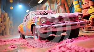 Two pink and colorful car made of sand in the style of satirical expressionism
