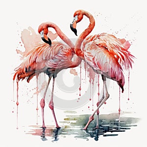 Two Pink Dancing Flamingo. Illustration AI Generative