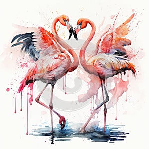 Two Pink Dancing Flamingo. Illustration AI Generative