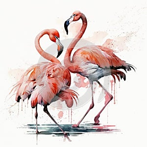 Two Pink Dancing Flamingo. Illustration AI Generative