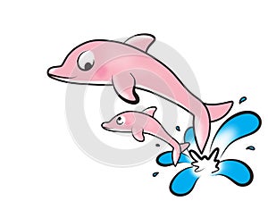 Two Pink Dolphins Jumping Out Of Water Illustration.