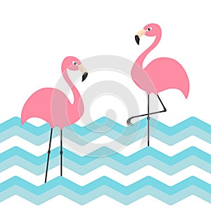 Two pink flamingo set. Blue sea ocean water zigzag wave. Exotic tropical bird. Zoo animal collection. Cute cartoon character. Deco