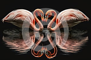 Two pink flamingos in the shape of a heart in the reflection pond. Love as an idea