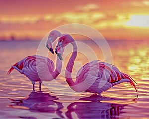 Two pink flamingos standing in pond