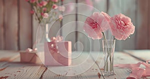 two pink flowers in a vase and gifts on white wood