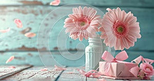 two pink flowers in a vase and gifts on white wood