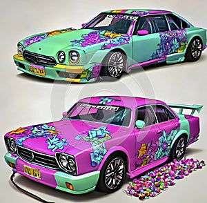 Two pink and green candy cars to divert photo