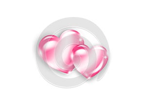 Two pink heart shaped stones. Happy Valentine`s Day. Pair of shiny glass hearts. Love concept. Elegant shiny jewelry vector LOGO