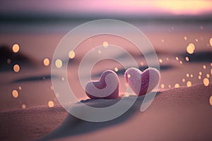 Two pink heart on sunset beach with bokeh light background. Love valentine and nature concept. Generative AI