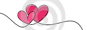 Two pink hearts continuous wavy line art drawing on white background