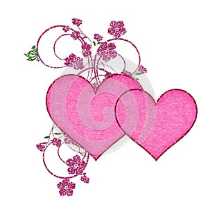 Two Pink Hearts with Glitter Flowers