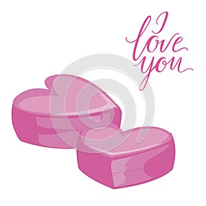 Two pink hearts. Isolated icon on white background. Flat style illustration. I love you lettering