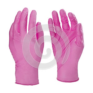 Two pink latex medical gloves isolated on white background with no hands