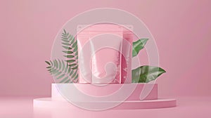 Two pink metallic packaging pouches on circular podium with monochromatic background