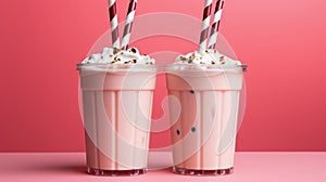 Two Pink Milkshakes with Whipped Cream and Chocolate Shavings.Generative ai