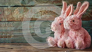 Two pink plush rabbits on rustic wooden background. Easter and springtime decoration concept