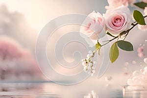 Two pink rose flower with soft white background and backdrop, some love element effect with copy space for text, good for product