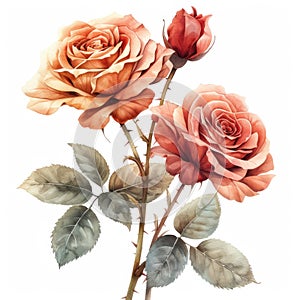 Two Pink Roses With Green Leaves on a White Background