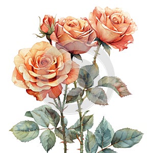 Two Pink Roses With Green Leaves on a White Background