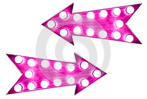 Two pink vintage bright and colorful illuminated metallic display arrow signs