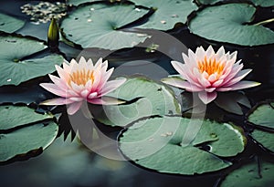 two pink water lilies floating on top of some green leafed water lilies