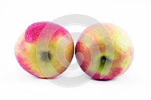 Two pink - yellow apples on a white background - side view