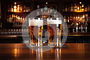 two pint glasses filled with beer touching each other on a bar