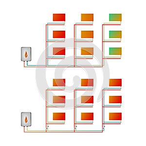 Two-pipe vertical thermal imaging heating system. Two types of schemes: with the balancing valves and without regulation.