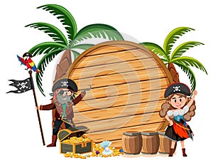 Two pirates cartoon character with an empty banner isolated on white background