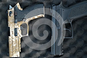 two pistols close-up. 9 millimeters. military weapon . pistol