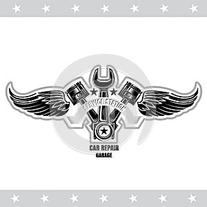 Two pistons and wrench between wide wings. Vintage design for repair service on white background